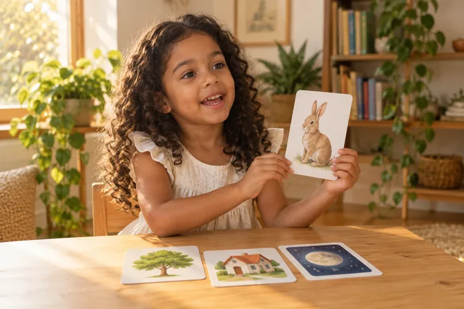 Menina falando e mostrando um cartão com a figura de um coelho