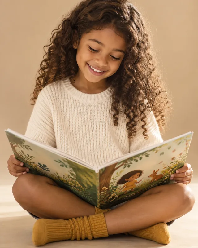 Menina lendo um livro sentada no chão