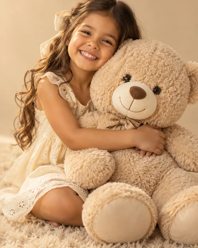 Menina abraçada a um urso de pelúcia