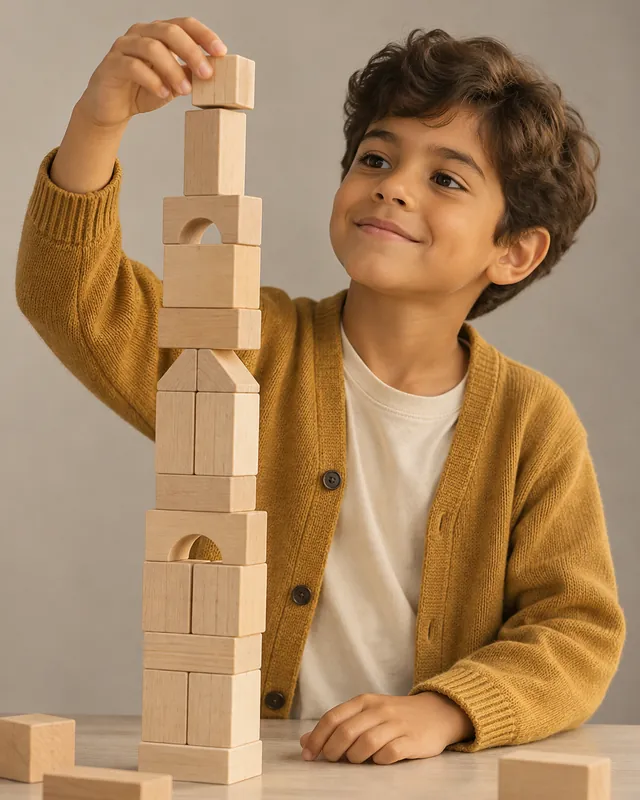 Menino montando uma torre de blocos de madeira