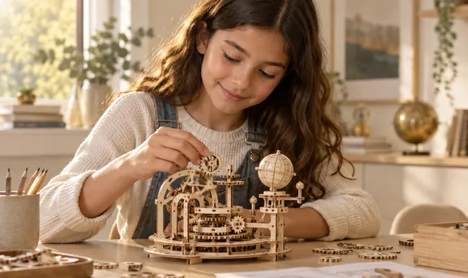 Menina montando um modelo mecânico