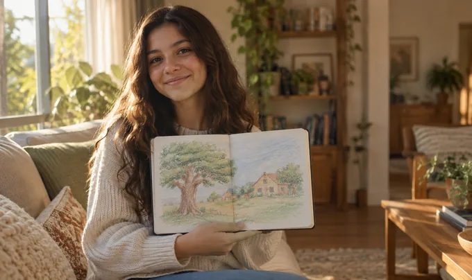 Adolescente sorrindo e mostrando o desenho que fez no caderno