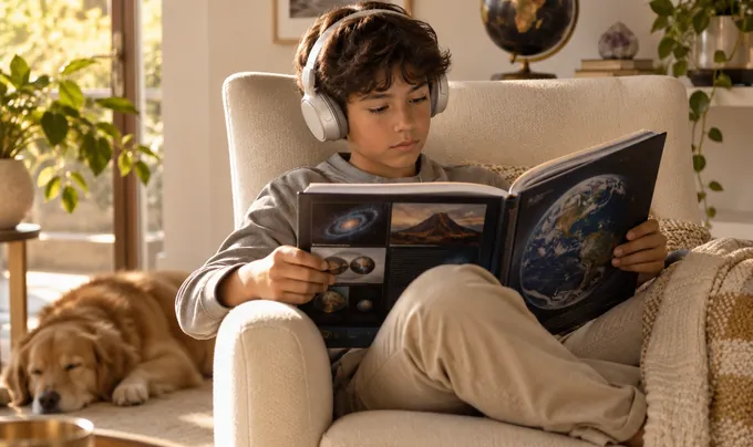 Menino lendo com fones de ouvido