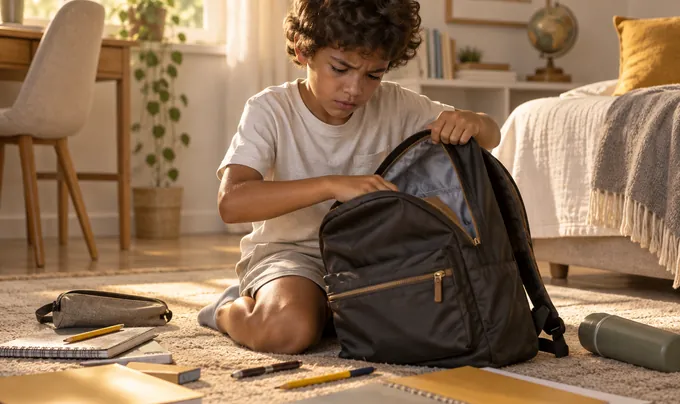Menino arrumando a mochila